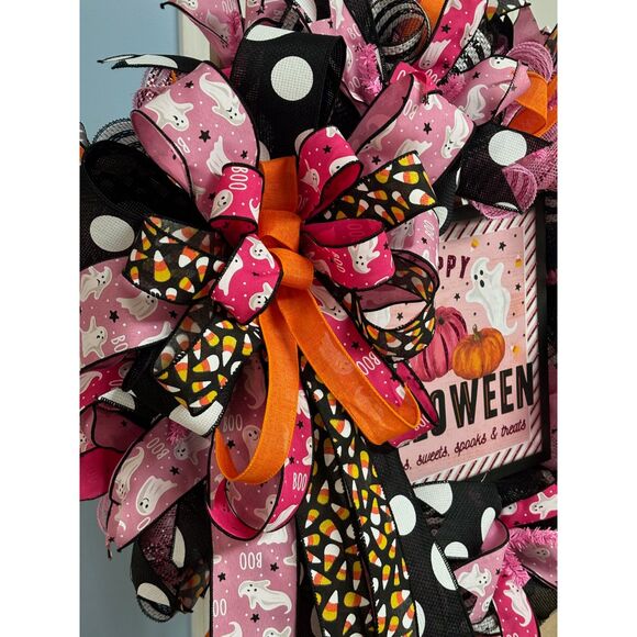 Happy Halloween Pink Mesh Wreath - Picture 3 of 6